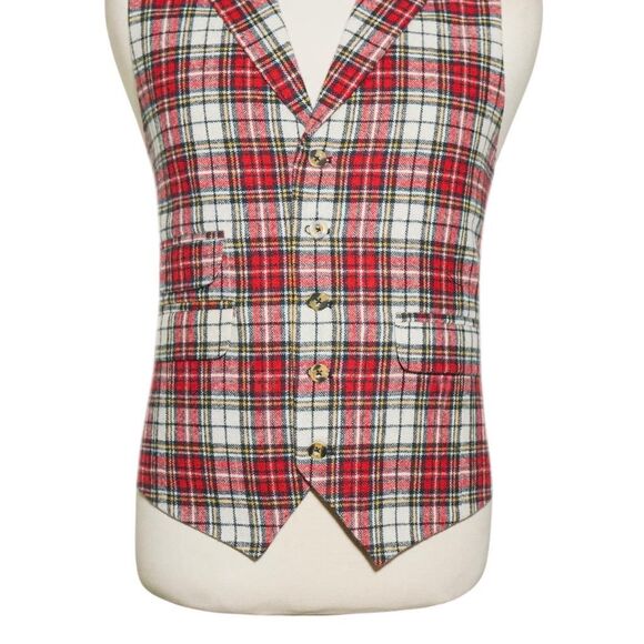 Mens 46R Wool Vest Red White Blue Tartan Plaid Waistcoat Christmas Party Formal - Picture 4 of 8